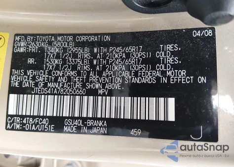 2008 Toyota Highlander z USA, uszkodzony, nr VIN JTEDS41A782050660